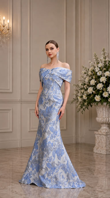 Woman in an off-the-shoulder blue floral evening gown standing in an elegant room with a chandelier and large floral arrangement behind.