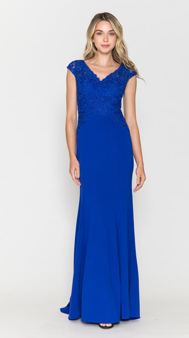 Model wearing a royal blue, floor-length evening gown with a lace bodice and cap sleeves, standing against a plain background.
