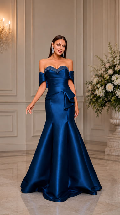 Woman in a royal blue off‑the‑shoulder satin evening gown with a wrapped peplum waist, posing in an elegant ballroom.