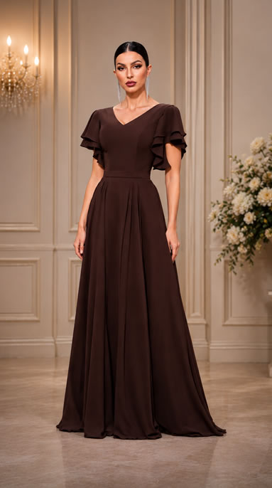 Woman in a floor-length chocolate brown evening gown with a V-neck and flutter sleeves standing in an elegant room with chandeliers and floral arrangement behind her.