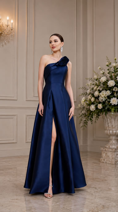 Woman in a navy blue one-shoulder evening gown with a thigh-high slit, standing in an elegant room with floral arrangement nearby.