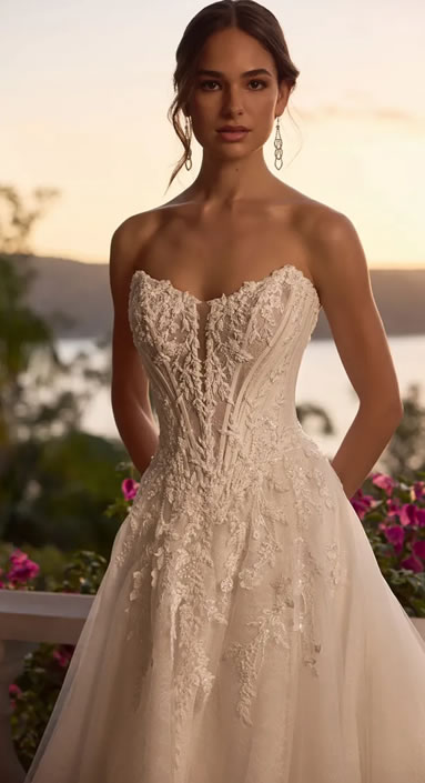 Bride in an ivory strapless lace wedding gown with a corseted bodice, standing on a balcony at sunset.