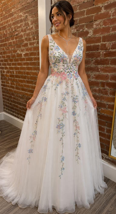 Woman in a white, floor-length wedding dress with pastel floral embroidery and a deep V-neck, standing indoors against a brick wall.