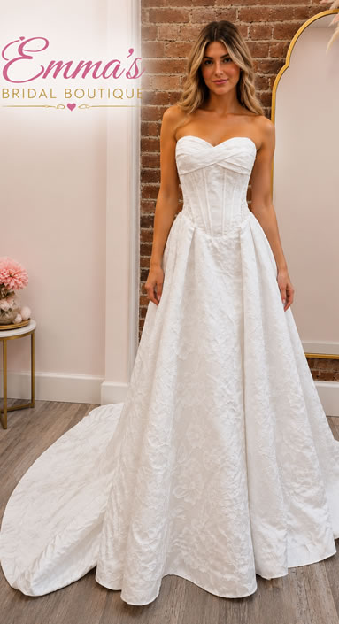 Bride model wearing a strapless white ball gown with a corseted bodice and long train, standing in Emma's Bridal Boutique showroom with a brick wall backdrop.