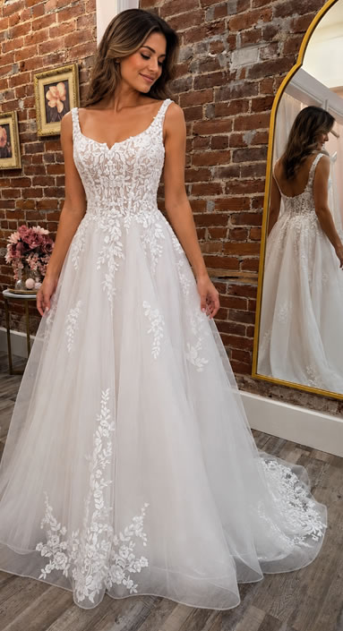 Brunette woman in a white lace wedding gown with floral appliqués standing in a brick-walled fitting room, admiring the dress as her reflection appears in a tall arched mirror.