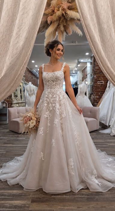 Bride in an ivory lace wedding gown with floral appliqués, standing in a bridal shop, holding a bouquet under draped curtains.