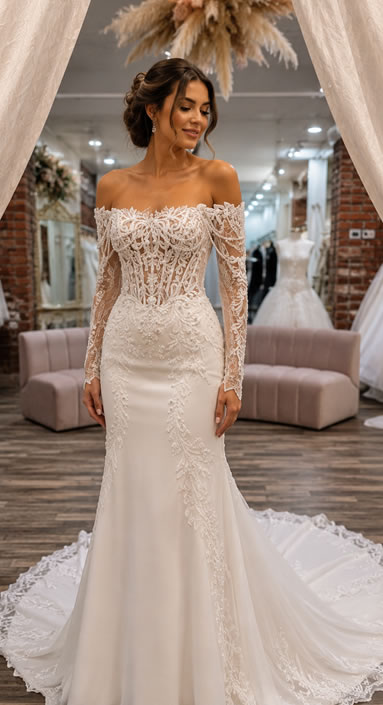 Woman wearing an off-the-shoulder lace wedding gown with long sheer sleeves, fitted mermaid silhouette, and a train in a bridal shop backdrop.