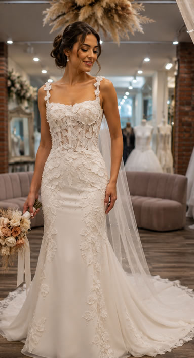 Bride wearing a white lace wedding gown with a long train and veil, standing in a bridal shop holding a bouquet.